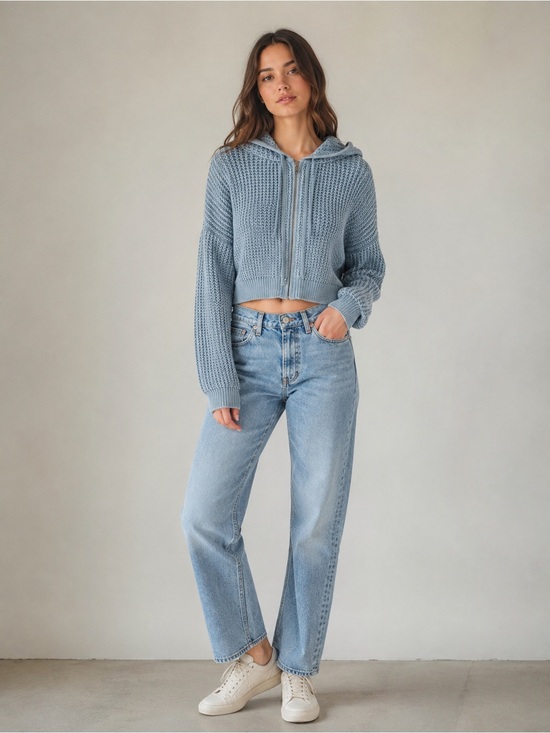 Haute Hippie Tops - Haute Hippie Style Cropped Knit Zip-Up Hoodie – Blue – Size L – 100% Cotton